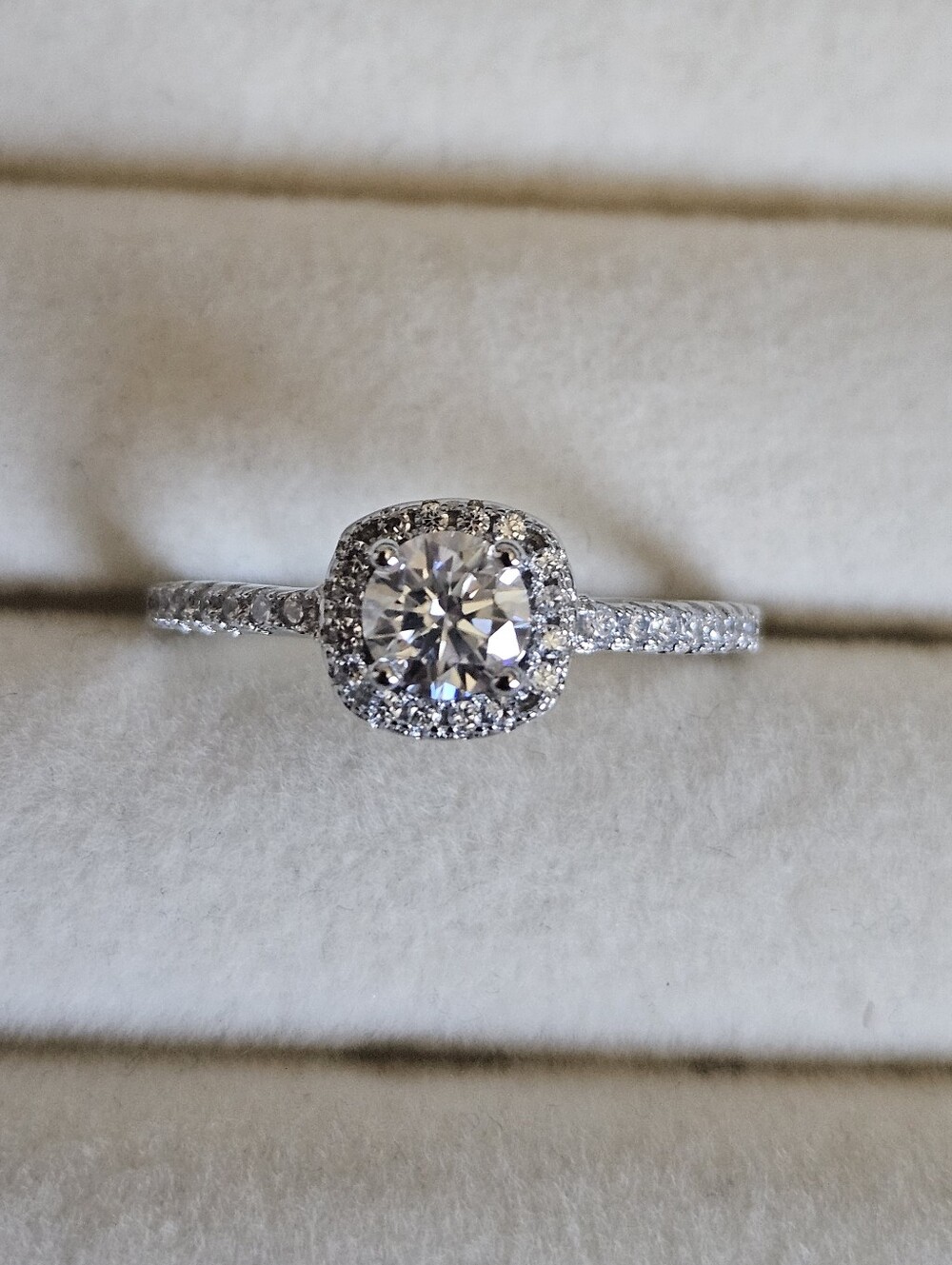 Classic Moissanite Cushion Halo Solitaire Silver Ring with Pavé Band